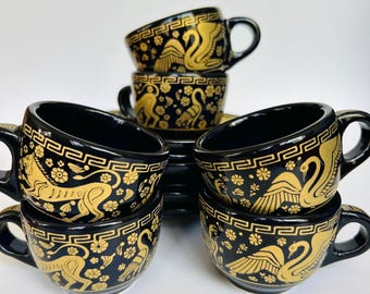 Black 24K Gold Vintage Greek Demitasse Tea Cups and Saucers Set 6