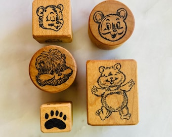 Lote de 5 sellos vintage de madera con forma de osito de peluche