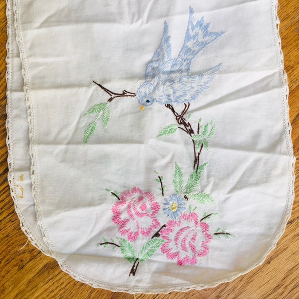 Floral Bluebird Vintage Embroidered Dresser Scarf Table Table Runner 39"