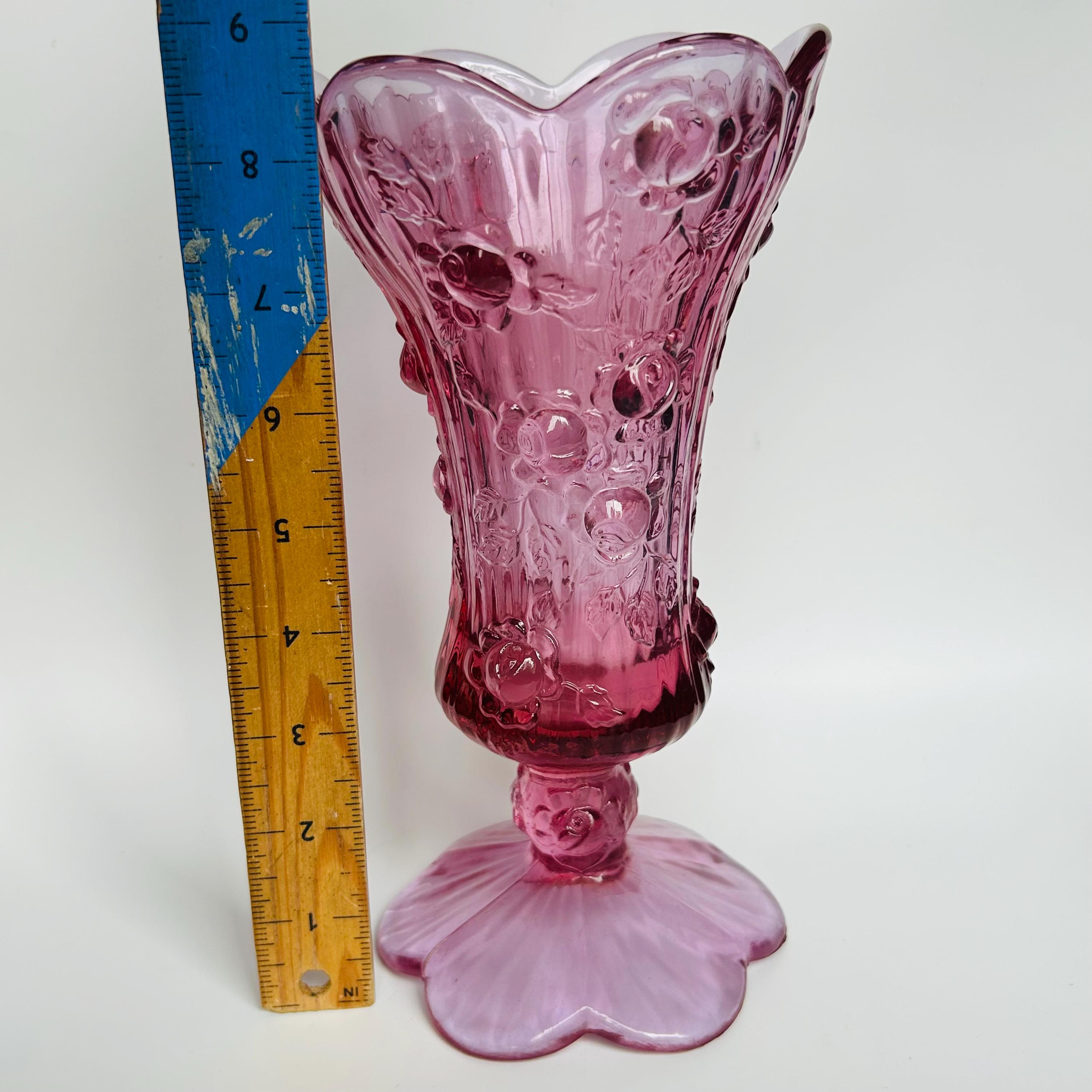 Fenton Art Glass Pink Cabbage Rose Pedestal Vase 8.5
