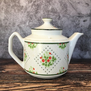 Vintage Swiss Strawberry Dot Teapot Enesco Fine China 1975