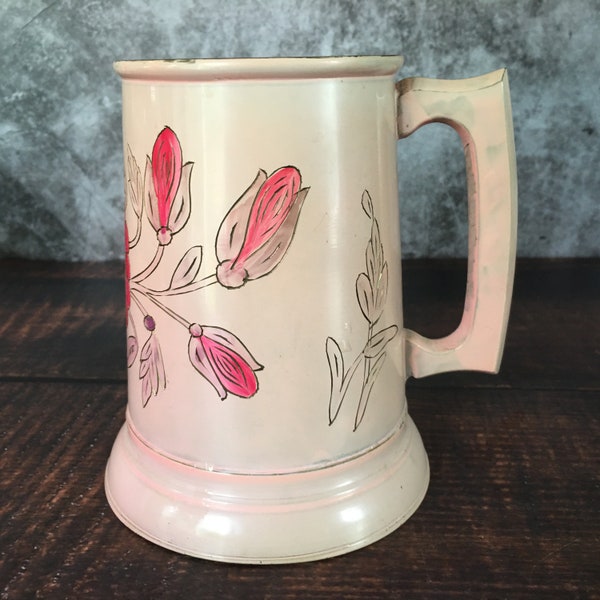 Vintage INDIA Etched & Painted Brass Glass Bottom Mug Stein Cup Pink Flowers