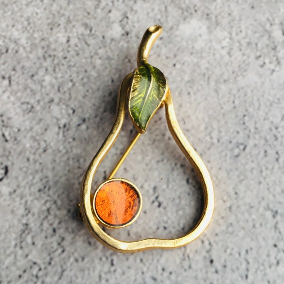 Amber and Green Enamel Vintage MCM Pear Brooch 2.… - image 4