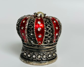 Red Enamel and Rhinestone Crown Style Decorative Hinged Jewelry Trinket Box