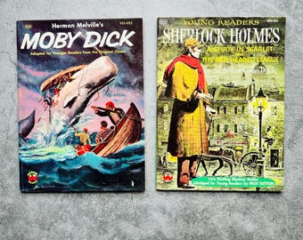 Wonder Books Young Readers Moby Dick + Sherlock Holmes Book Lot of 2 1950s