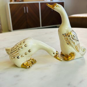 Cream and Gold Trim Porcelain Goose Duck Figurine Lot of 2