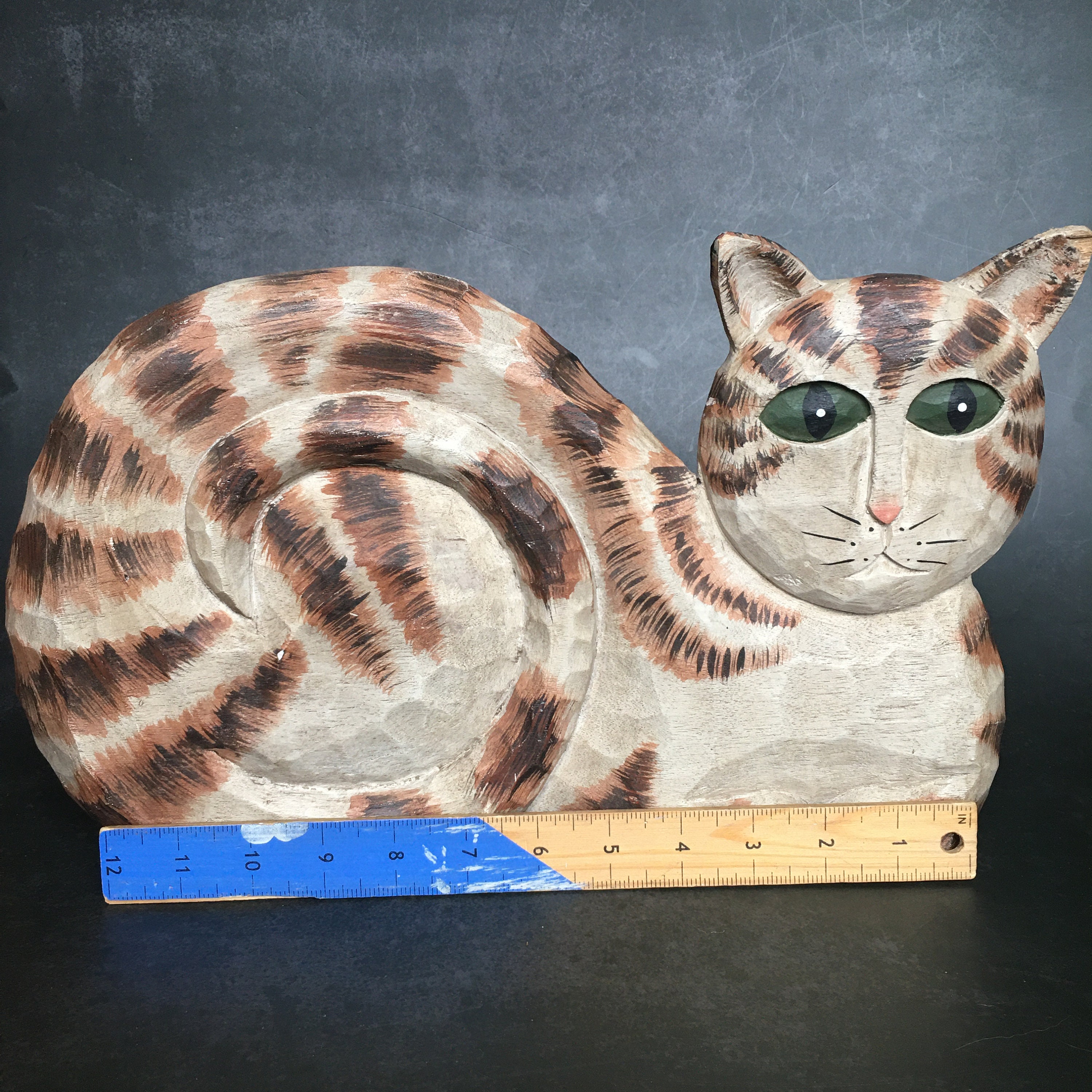 James Haddon Folk Art Wood Carved Striped Lounging Cat Figurine