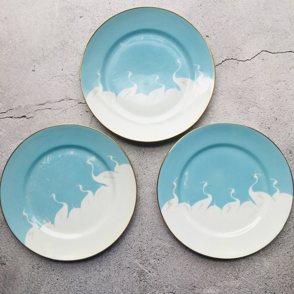 Hand Painted Mitsu Boshi NIPPON Blue w White Cranes 7.5” Plate Lot of 3