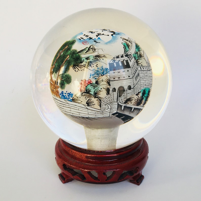 Reverse Painted Great Wall Vintage Glass Crystal Ball Sphere Signed 4.5 image 1