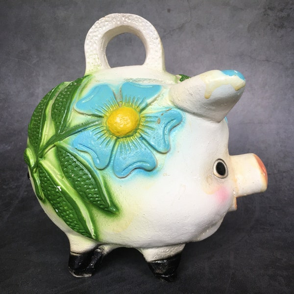 Mexican Folk Art Retro Blue Floral Embossed Art Pottery Vintage Piggy Bank 8"