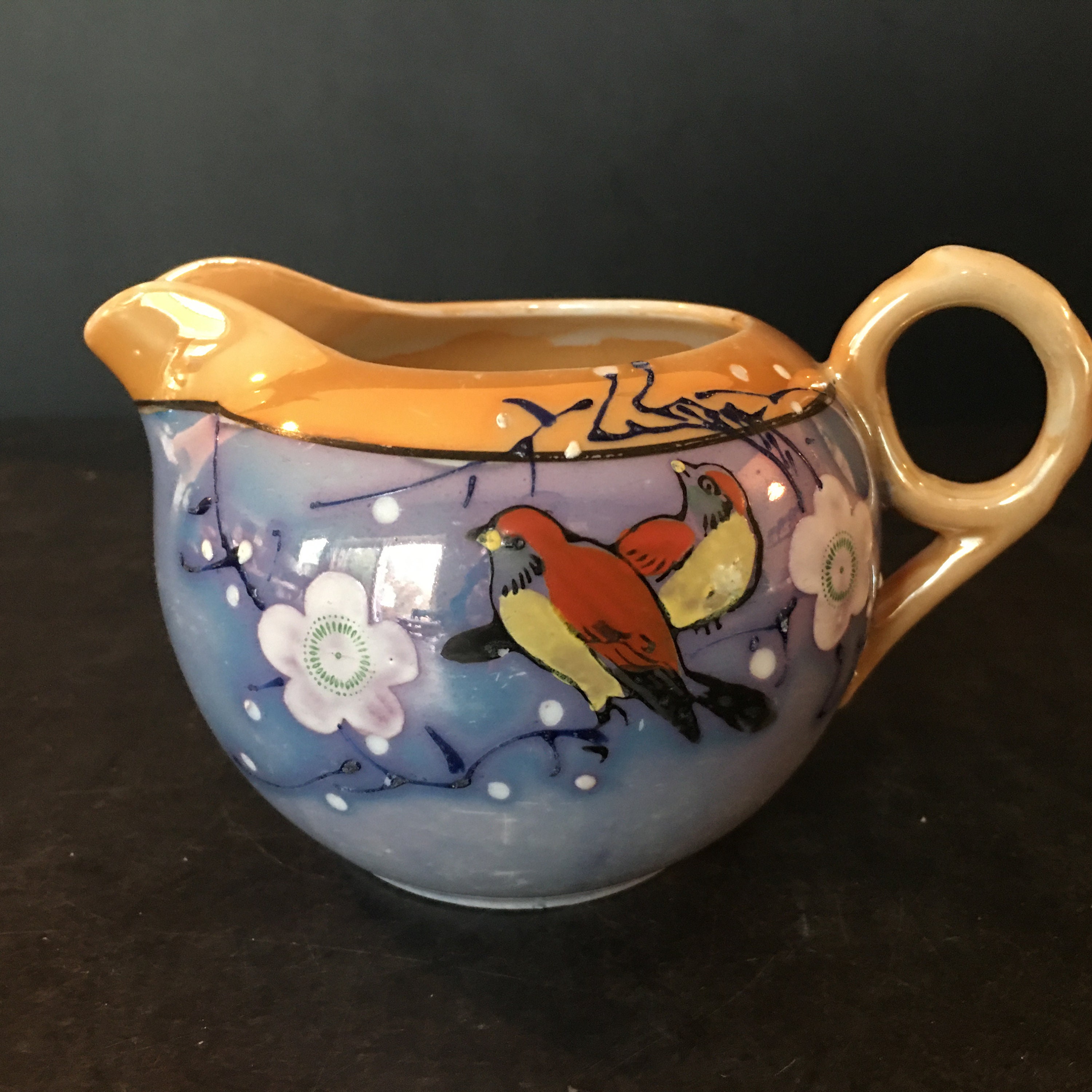 Vintage Lusterware Painted Birds Creamer Orange & Blue Floral Etsy