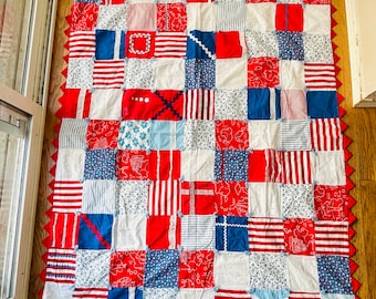 Red White and Blue Antique American Hand Stitched Drunkards Path Patchwork Quilt