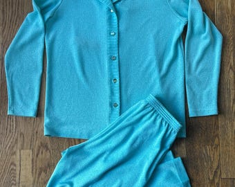 Regal Vintage Blue Turquoise Matching Polyester Leisure Pant and Top Set SM/MED