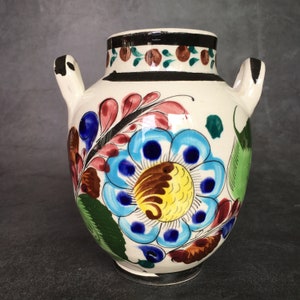 Mexico Folk Art Pottery Double Handle Floral Garden Painted Ceramic Vase 5"