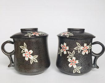 Embossed Floral Asian Painted Flower Ceramic Mug w Lid Lot of 2 4"