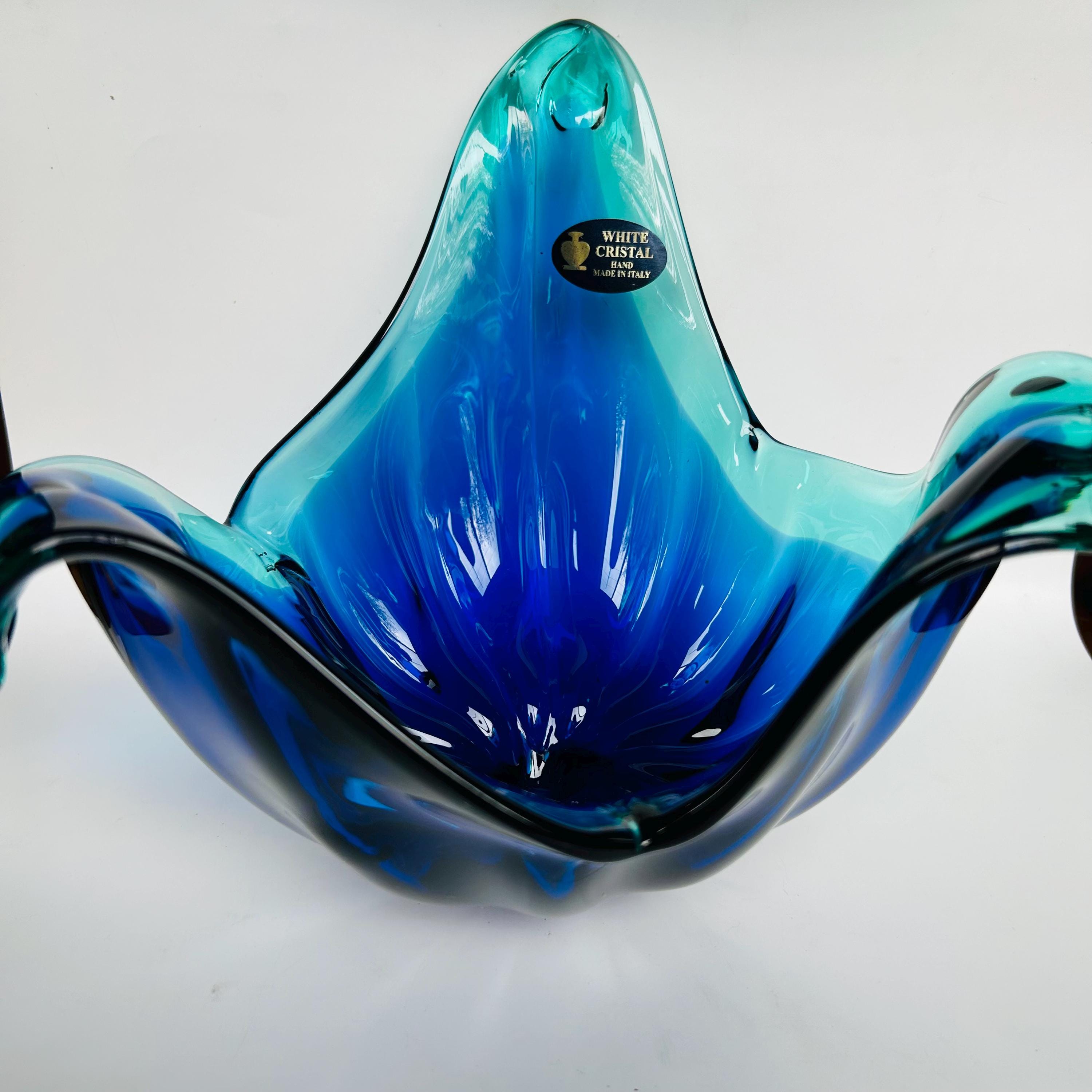 Murano White Crystal Handmade in Italy Blue Sommerso Centerpiece