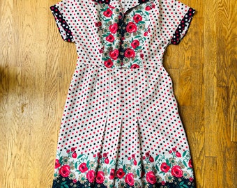 Retro Polka Dot Floral Handmade A Line Dress Womens Short Sleeve Dress Size LG