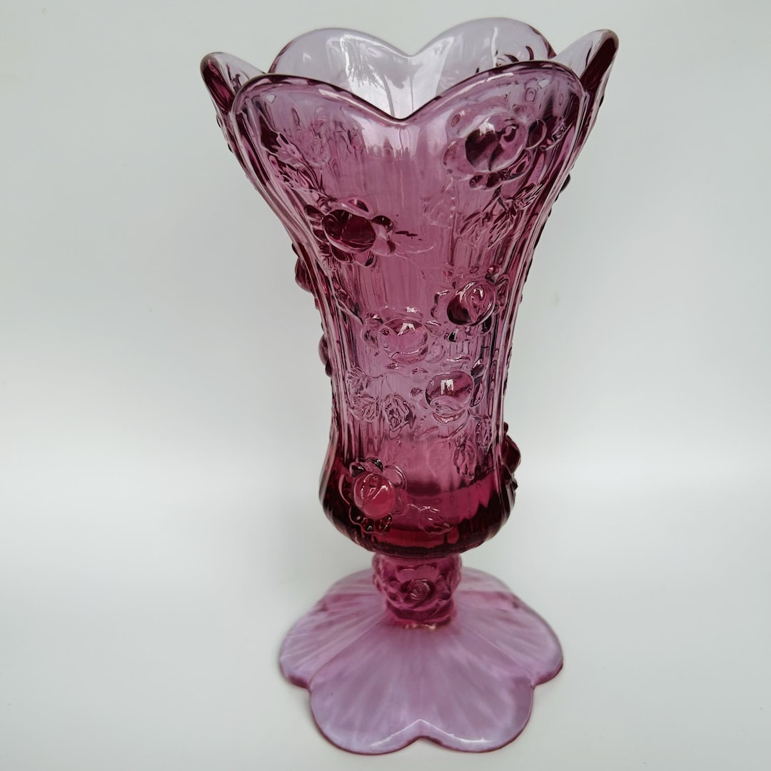 Fenton Art Glass Pink Cabbage Rose Pedestal Vase 8.5