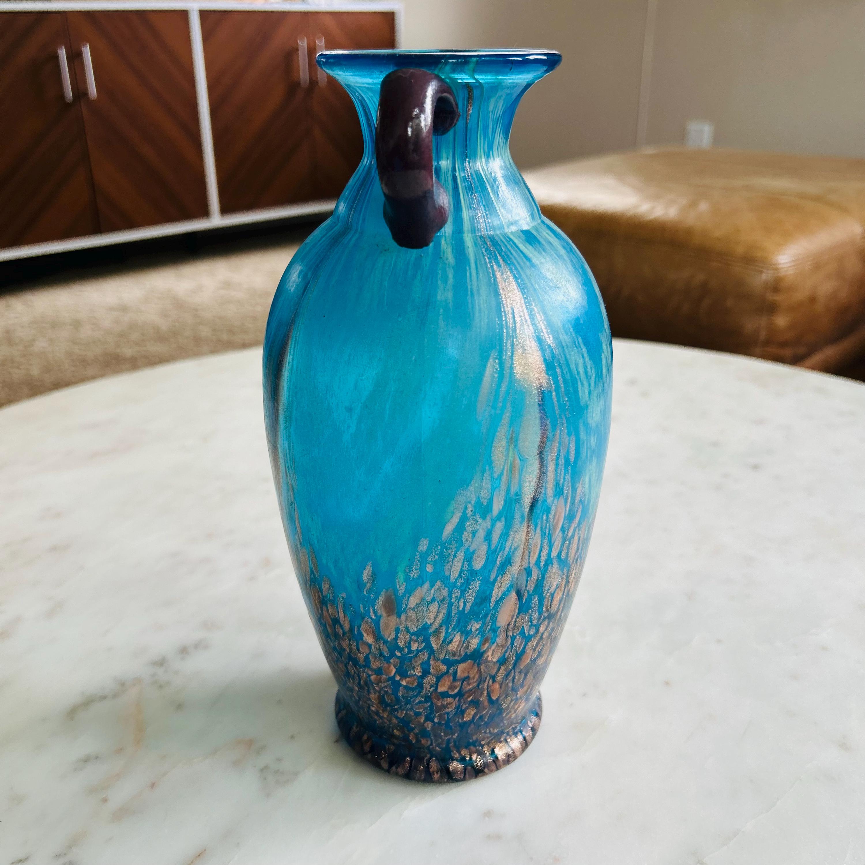 Pier 1 Tiffany Style Peacock Blue and Gold Speckled Art Glass Vase