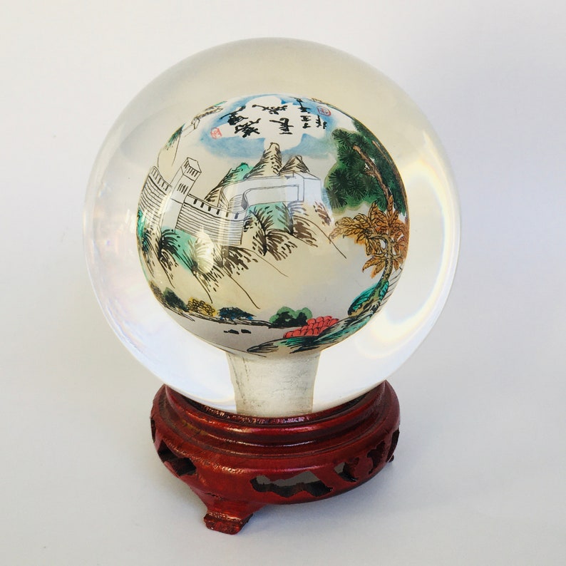 Reverse Painted Great Wall Vintage Glass Crystal Ball Sphere Signed 4.5 image 6