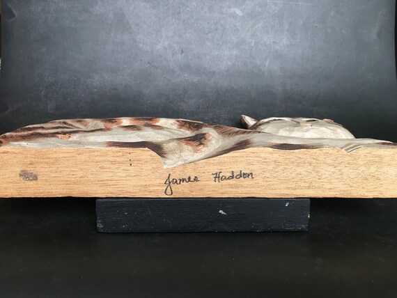 James Haddon Folk Art Wood Carved Striped Lounging Cat Figurine