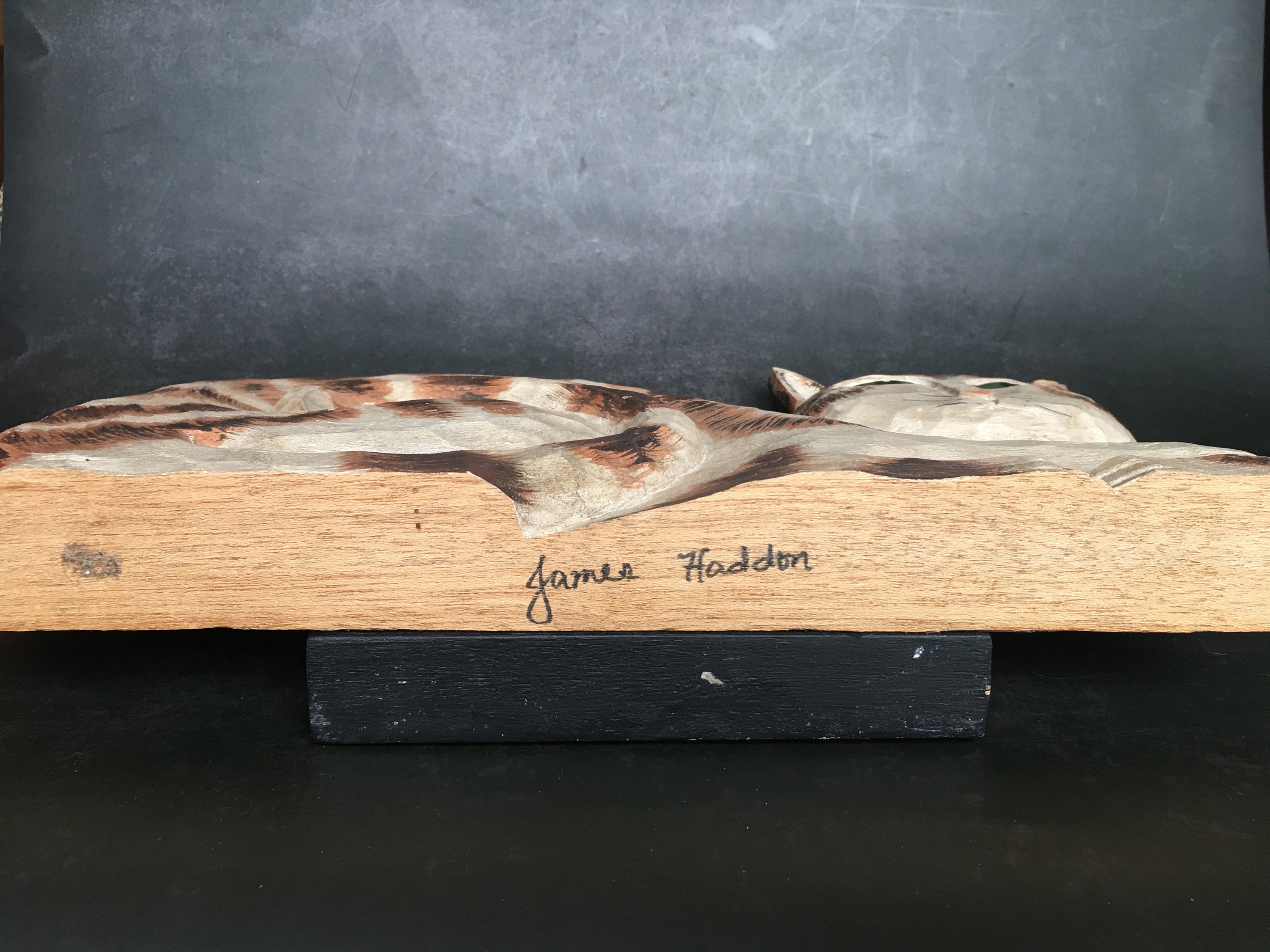 James Haddon Folk Art Wood Carved Striped Lounging Cat Figurine