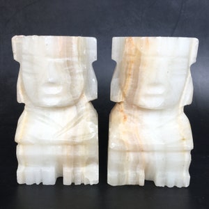 Carved Alabaster Marble Onyx Stone Tiki Aztec Mayan Bookends 5.5&quot; x 3&quot;