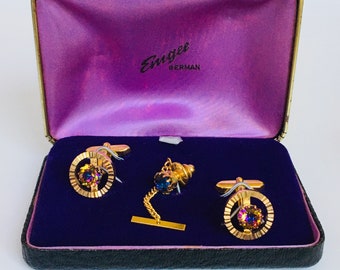 Emgee German Amethyst Purple Rhinestone Tie Clip Cuff Link Set w Box