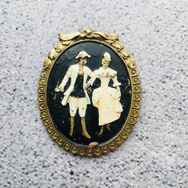 Courting Couple Cameo Ornate Metal Brooch Unmarked 2"