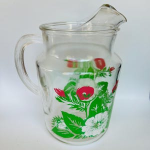 Floral Hibiscus Flower Floral Vintage Glass Pitcher 9&quot;