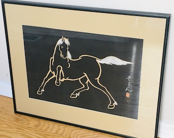 額入り日本の馬の版画、伝統的な日本の木版画、日本の装飾狩野スタイル