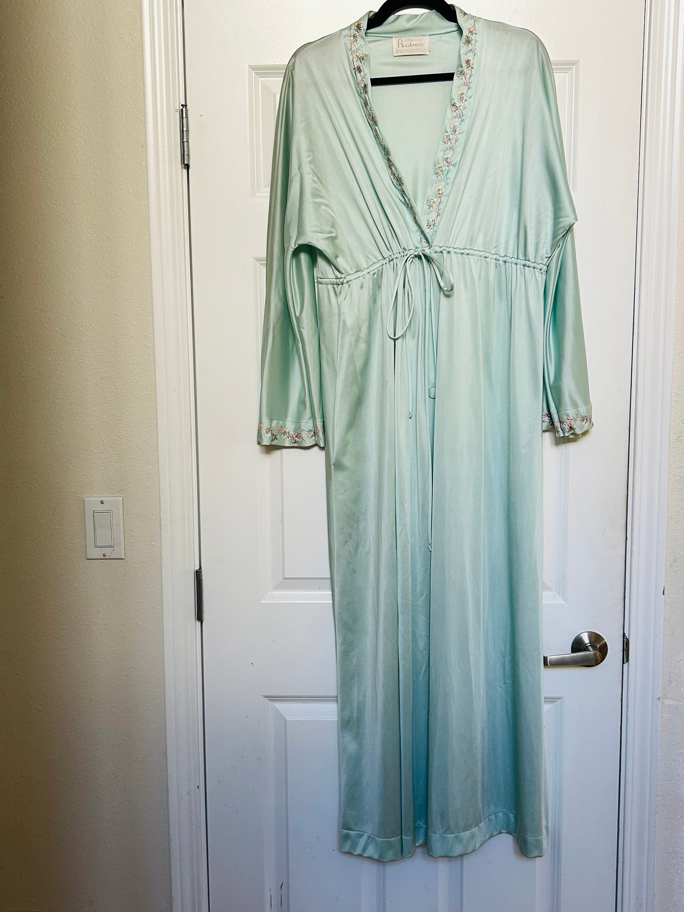 Jcpenney Robes Blue Green Satin Nightgown With Embroidered Floral Trim Size  L - Etsy
