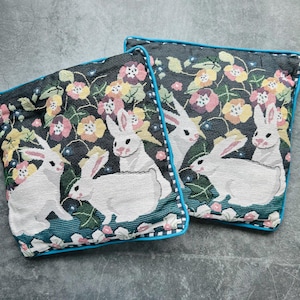 Bunny Rabbit Woven Floral Throw Pillow Lot of 2
