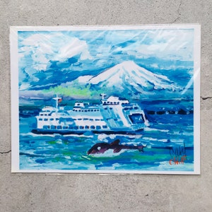 Pacific Northwest Ferry Mountain Orca Watercolor Painting Signed C. Wolf