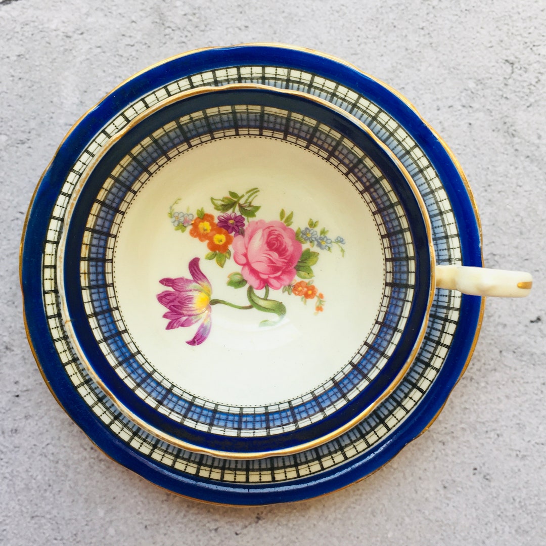 Blue Check Wildflower Aynsley Tea Cup and Saucer - Etsy