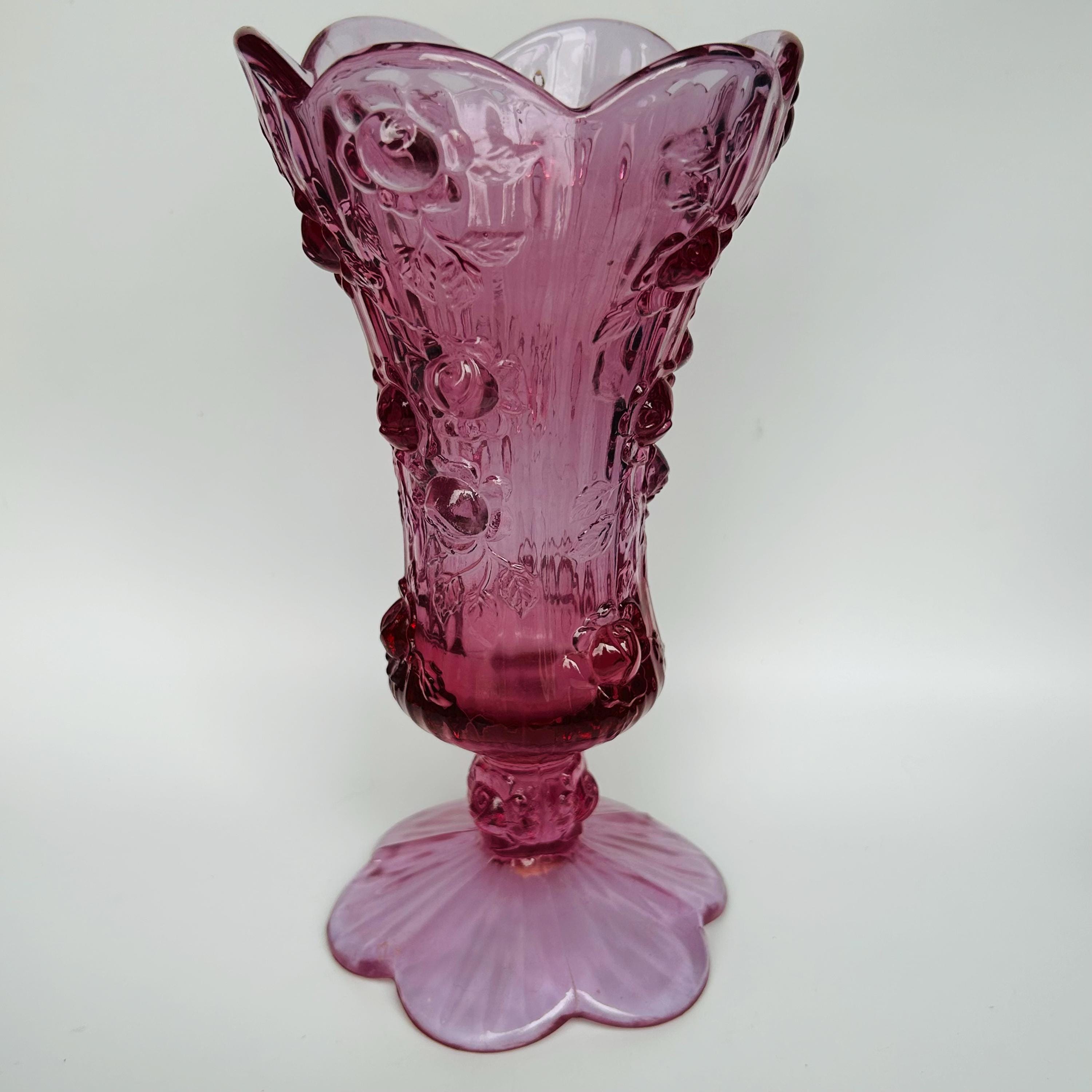 Fenton Art Glass Pink Cabbage Rose Pedestal Vase 8.5