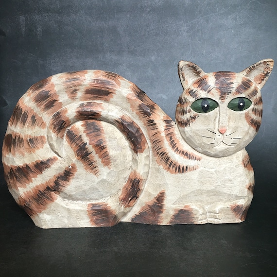 James Haddon Folk Art Wood Carved Striped Lounging Cat Figurine