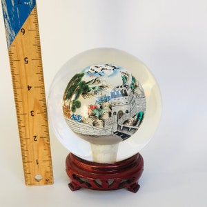 Reverse Painted Great Wall Vintage Glass Crystal Ball Sphere Signed 4.5 image 2