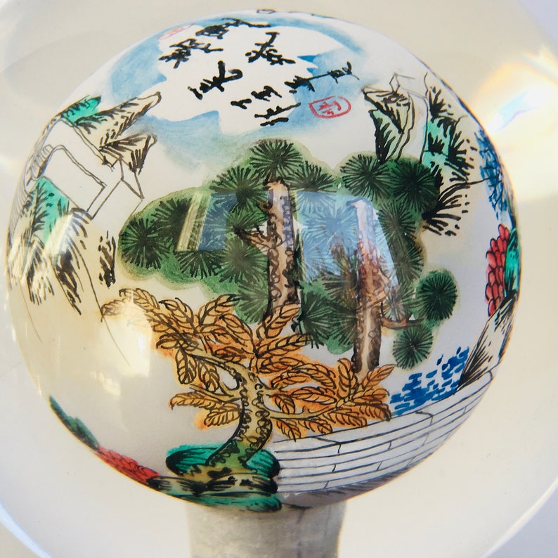 Reverse Painted Great Wall Vintage Glass Crystal Ball Sphere Signed 4.5 image 5
