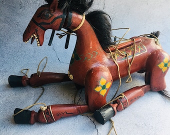 Marionette Wooden Antique Horse Hand Carved Articulated Red Painted Puppet 15"