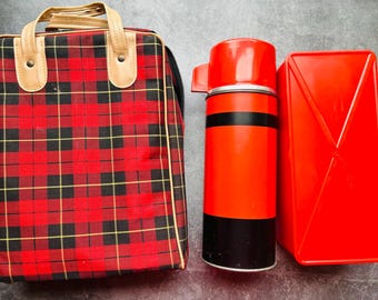 Red Plaid Economy Picnic Bag with Thermos and Food Container Tote Lunch Set