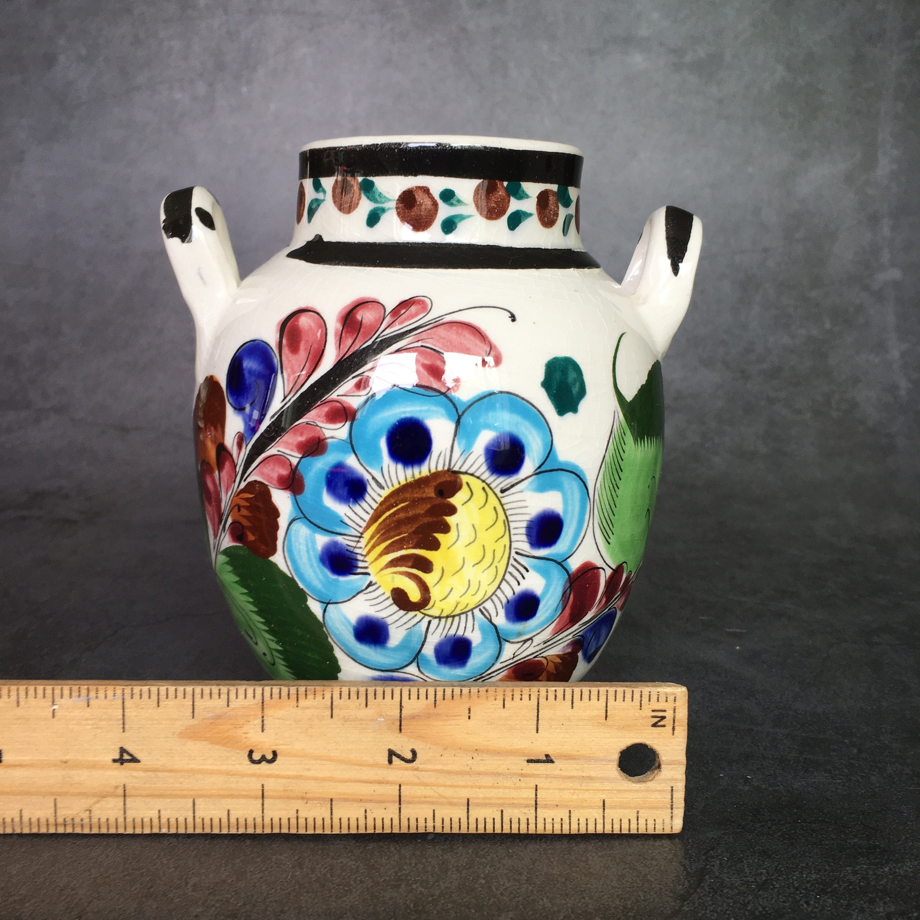 メキシコ フォークアート 陶器 ダブルハンドル 花柄 ガーデン ペイント