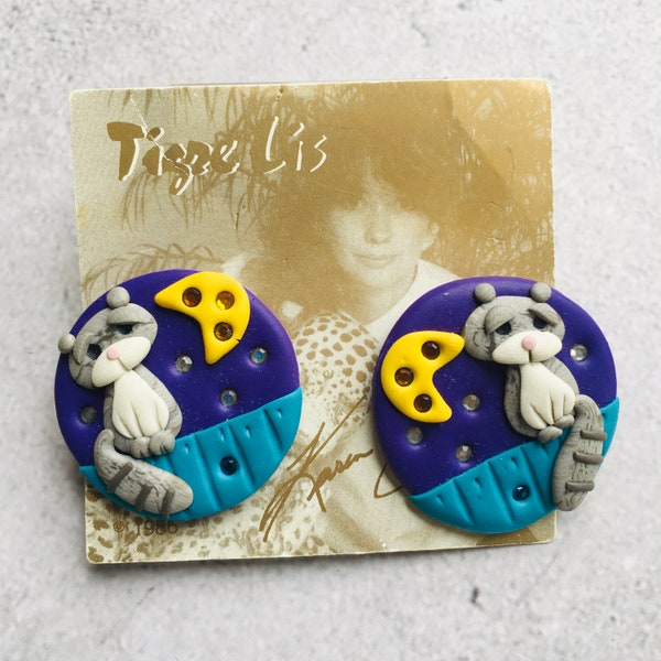 Tigre Lis Polymer Clay Alley Cat and Moon Hat Pierced Earrings 1.25"