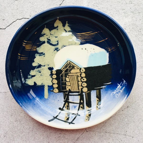 Matthew Adams Hand Painted Alaska Cabin Trinket Dish Signed