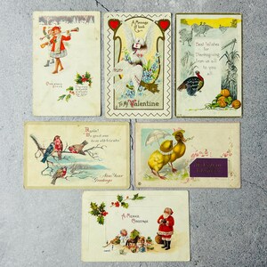Lote de 6 minipostales vintage de Acción de Gracias, Pascua, Navidad y San Valentín