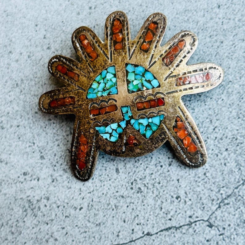 Sun Rays Inlay Southwest Aztec Coral and Turquoise Inlay Suni Pendant Brooch Signed - Etsy