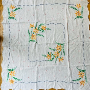 Yellow Floral Embroidered Vintage Square Tablecloth 47&quot;