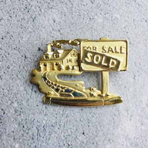 Real Estate Sold House Vintage AJC Gold Tone Brooch Signed 2.5&quot;