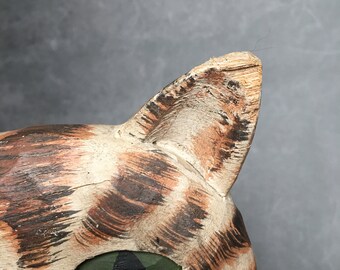 James Haddon Folk Art Wood Carved Striped Lounging Cat Figurine