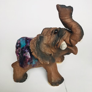 Hand Molded and Glazed Clay Elephant Figurine Signed 5.75&quot;